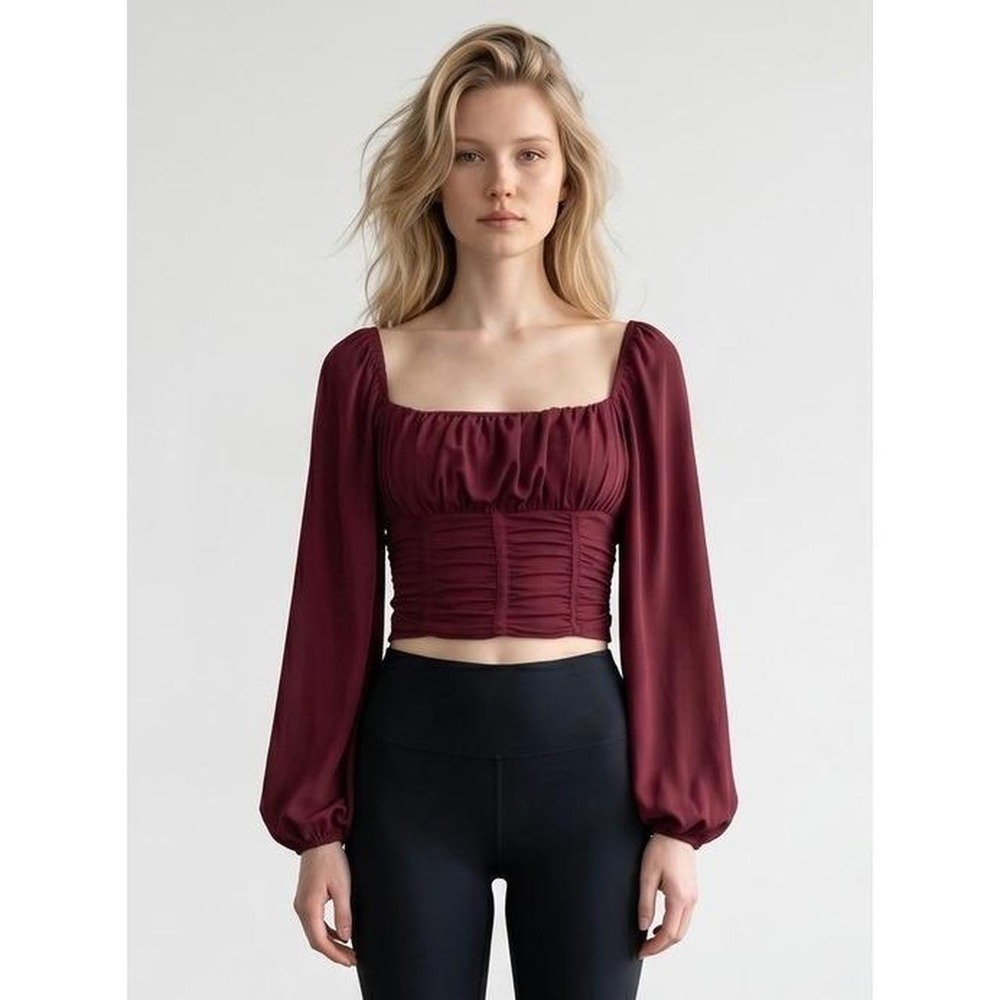 Forever 21 Burgundy Ruched Corset Crop Top Long Balloon Sleeve Small
